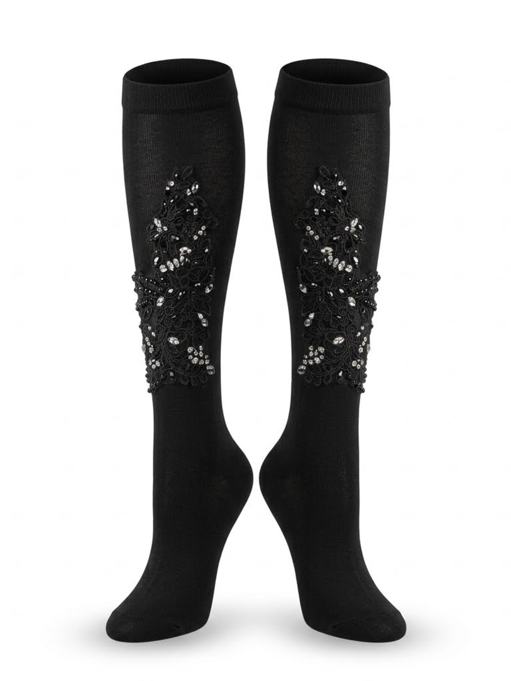 Dolce & Gabbana Inspired Crystal Embellished Lace Applique Knee High Socks Black